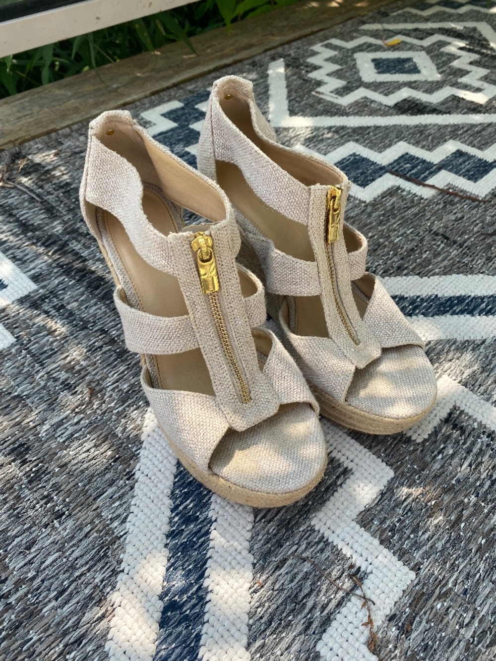 Michael Kors Damita Canvas Jute Leather Sandals Gold Hardware